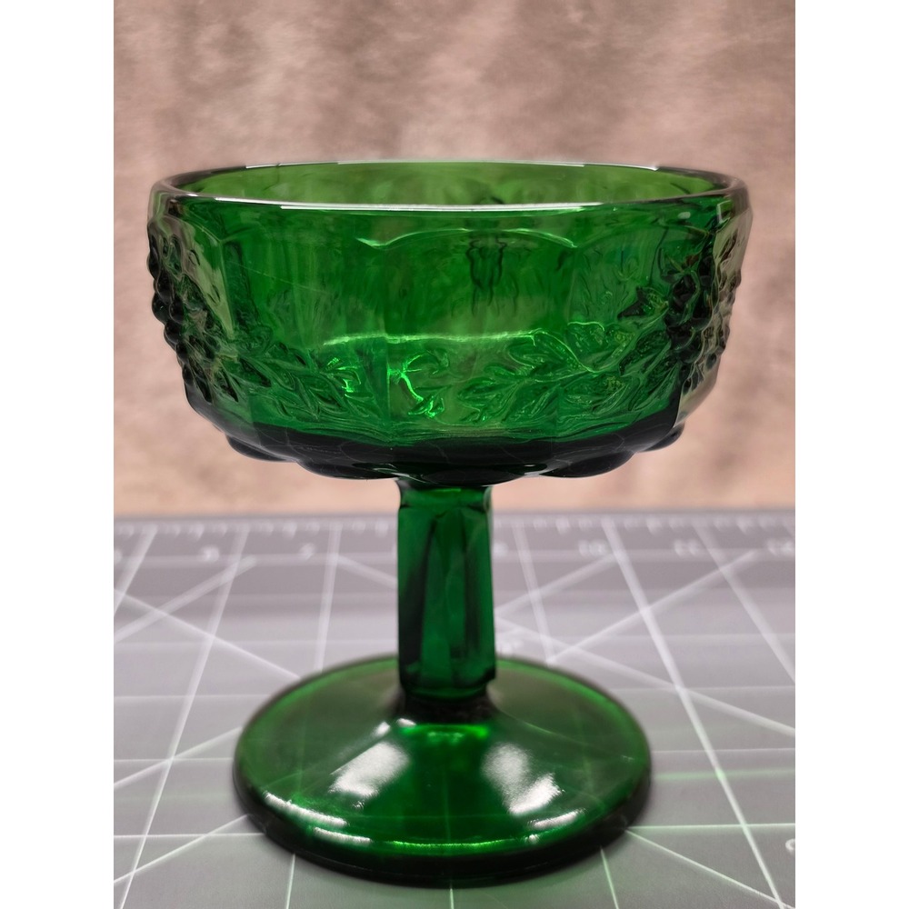 Vintage Emerald Green Glass Grape Leaf Sherbet Dessert Dish Goblet Footed Bowl